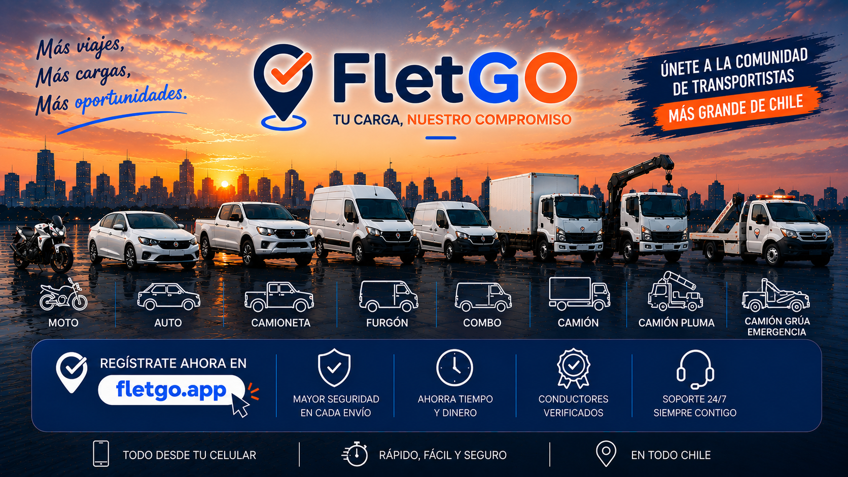 Flota FletGO — Moto, Auto, Camioneta, Furgón, Combo, Camión, Camión Pluma, Camión Grúa Emergencia
